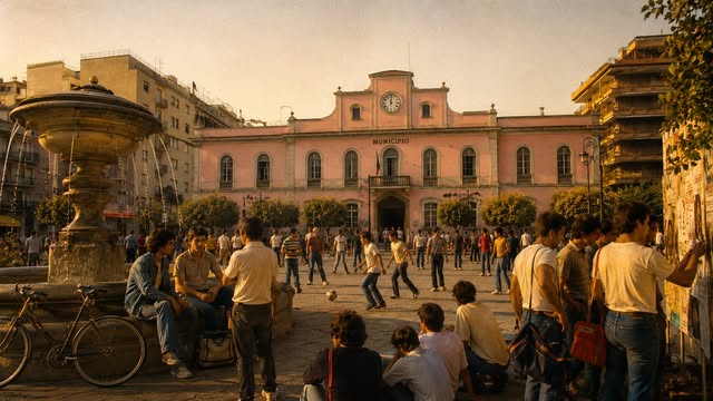 Una piazza di Nocera piena di ragazzi, davanti al palazzo del Municipio, in un pomeriggio d'estate