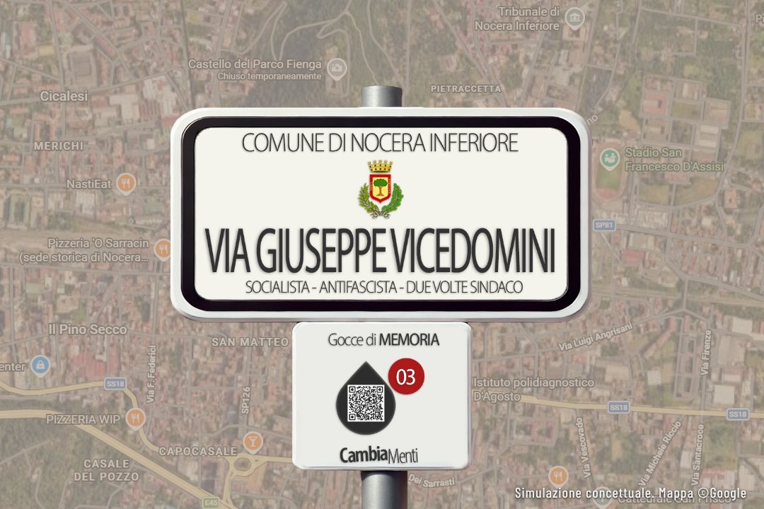 Simulazione della targa di via Giuseppe Vicedomini con accanto la goccia di memoria e il suo QR code